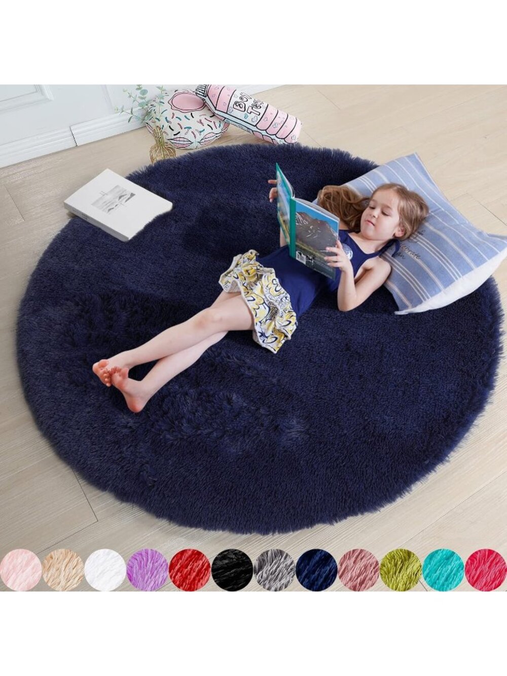 〽️Dark Navy Blue Round Rug 4Ft Kids Boys Bedroom Living Room Fluffy Shag Carpet